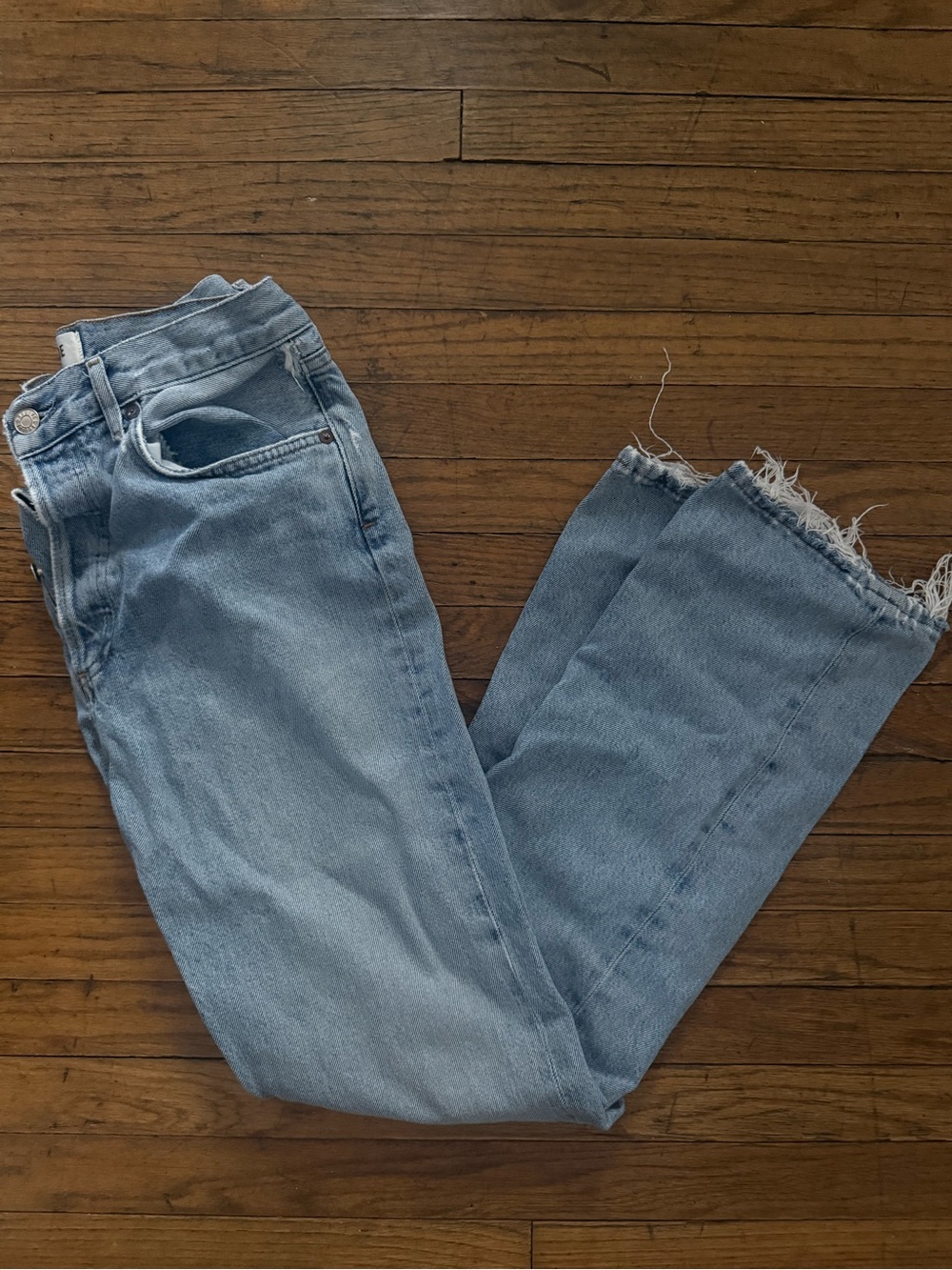 Agolde Light Blue Straight Leg Jeans with Frayed Hem